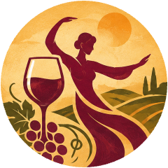 Emblem Wein & Qigong – Weinglas, Trauben und Figur im Weinberg